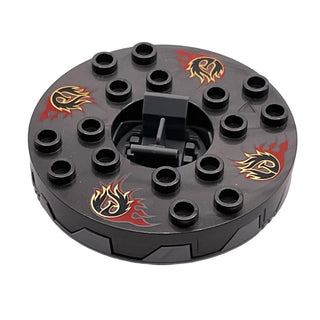 Ninjago Spinner Turntable 6 x 6 x 1 1/3 Round Base Serrated with Pearl Dark Gray Top and Gold, Red and Black Pattern, Part# 98318c03pb01 Part LEGO® Flat Silver with Trans-Clear Plate Round Bottom Very Good
