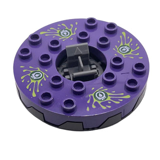 Ninjago Spinner Turntable 6 x 6 x 1 1/3 Round Base Serrated with Dark Purple Top and Lime, White, and Dark Green Venomari Pattern, Part# bb0549c01pb01 Part LEGO® Pearl Dark Gray with Trans-Clear Plate Round Bottom Very Good