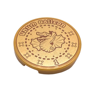 Tile, Round 3x3 with Dark Orange Dragon, 'Unum Galleon', Number 1 and Dashed Circles Pattern, Part# 67095pb059 Part LEGO® Pearl Gold Very Good