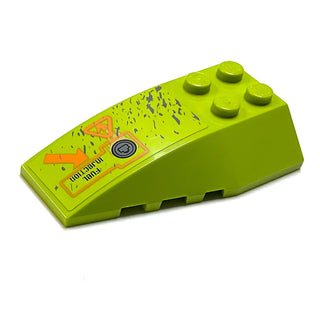 Wedge 6x4 Triple Curved with Dark Bluish Gray Splatters, 'Fuel Injection', and Orange Arrow Pattern (Sticker), Part# 43712pb024 Part LEGO® Very Good/Lime