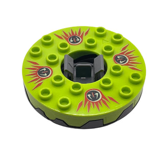 Turntable 6 x 6 x 1 1/3 Round Base Serrated with Lime Top and Red, White, and Black Fangpyre Pattern, Part# bb0549c02pb01 Part LEGO® Pearl Dark Gray with Trans-Clear Plate Round Bottom Very Good