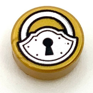 Tile Round 1x1 with Black and Silver Padlock Pattern, Part# 98138pb012 Part LEGO® Pearl Gold