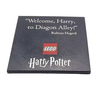 Tile 6x6 with Bottom Tubes with "Welcome, Harry, to Diagon Alley!" Rubeus Hagrid' and LEGO® Harry Potter Logo Pattern, Part# 10202pb018 Part LEGO® Black Very Good