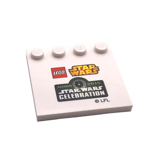 Tile, Modified 4 x 4 with Studs on Edge with LEGO® Star Wars Logo and Anaheim 2015 Star Wars Celebration Logo Pattern, Part# 6179pb087 Part LEGO® White Very Good