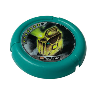 Throwing Disk with Throwbot Turbo / Slizer City 7 Pips, Logo, and Fuel Container Pattern, Part# 32171pb024 Part LEGO® Dark Turquoise Very Good