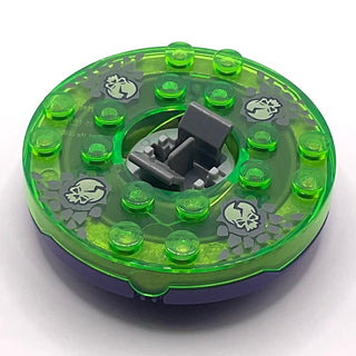 Ninjago Spinner Turntable 6 x 6 x 1 1/3 Round Base with Trans-Bright Green Top and Glow In Dark Skulls on Dark Bluish Gray Pattern, Part# 92549c11pb01 Part LEGO® Dark Purple with Trans-Clear Plate Round Bottom Very Good