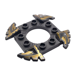 Ninjago Spinner Crown Ring 4x4 with 2x2 Hole and 4 Serrated Ends with Black and Pearl Gold Pattern, Part# 98343pb02 Part LEGO® Pearl Dark Gray Very Good
