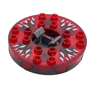 Ninjago Spinner Turntable 6 x 6 x 1 1/3 Round Base Serrated with Trans-Red Top with Black and White Pattern, Part# bb0549c16pb01 Part LEGO® Pearl Dark Gray with Trans-Clear Plate Round Bottom Very Good