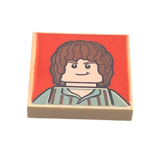 Tile, Modified 2 x 2 Inverted with Brown-Haired Hobbit on Red Background Pattern, Part# 11203pb004 Part LEGO® Tan
