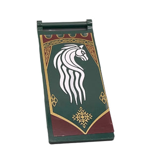 Flag 7x3 with Bar Handle with Dark Red and Gold Ornaments and White Horse Pattern (Sticker), Part# 30292pb026 Part LEGO® Dark Green Very Good