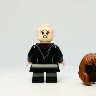 Hermione Granger - Gryffindor Robe Clasped, Black Skirt, Black Short Legs with Dark Bluish Gray Stripes, Open Mouth Scared / Closed Mouth Grin, hp468 Minifigure LEGO®