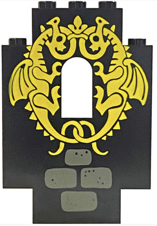 Panel 2x5x6 Wall with Window, Part #4444 Part LEGO® Black with Yellow Dragons Pattern Very Good