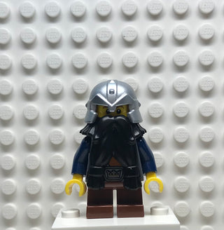 Fantasy Era, Dwarf, Black Beard, Metallic Silver Helmet with Studded Bands, Dark Blue Arms, cas354 Minifigure LEGO®