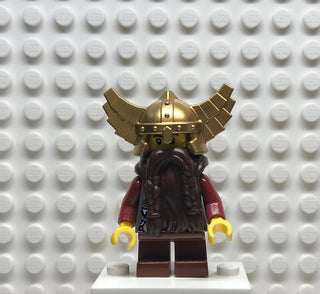 Fantasy Era, Dwarf, Dark Brown Beard, Metallic Gold Helmet with Wings, Dark Red Arms, Smirk and Stubble Beard, cas356 Minifigure LEGO®
