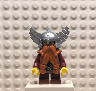 Fantasy Era, Dwarf, Dark Orange Beard, Metallic Silver Helmet with Wings, Dark Red Arms, cas357 Minifigure LEGO®