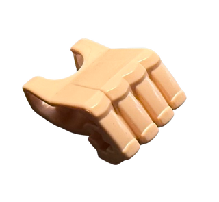 Tan molded plastic fist with four fingers and axle hole connection point.