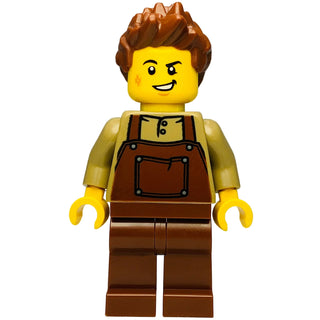 LEGO Ninjago minifigure with brown spiked hair, yellow face, tan shirt, brown apron with pockets, and brown pants.