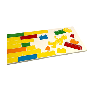 Tile 8 x 16 with Bottom Tubes, Textured Surface with Brick Wall and LEGO® Minifigure Pattern Left Side, Part# 90498pb48L