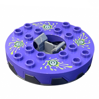 Ninjago Spinner Turntable 6 x 6 x 1 1/3 Round Base Serrated with Dark Purple Top and Lime, White and Dark Green Venomari Pattern, Part# 98318c01pb01 Part LEGO® Pearl Dark Gray with Lime Plate Round Bottom Very Good