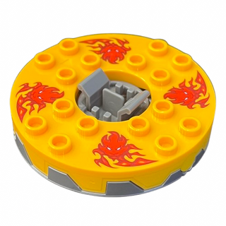 Ninjago Spinner Turntable 6 x 6 x 1 1/3 Round Base Serrated with Bright Light Orange Top and Red Flames and Lion Heads Pattern, Part# 98318c09pb01 Part LEGO® Flat Silver with Black Plate Round Bottom Very Good