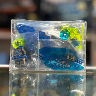 LEGO Insectoid set 6817 with blue and lime green bug-shaped pieces, minifigure, and transparent chassis in clear plastic case