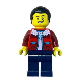Man - Red Jacket over White Shirt, Black Hair with Short Ponytail, hol354 - LEGO® Holiday Minifigure