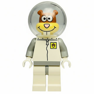 LEGO Sandy Cheeks minifigure with brown ears, yellow smiling face, white spacesuit, gray arms, and white legs.
