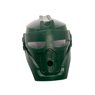 Dark green Bionicle Mahiki mask with silver accents, eye openings, and attachment points on sides.