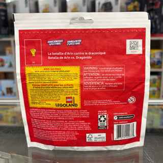 LEGO Ninjago Arin vs. Dragonian Battle polybag with red packaging, multilingual text, and LEGOLAND promotion details.