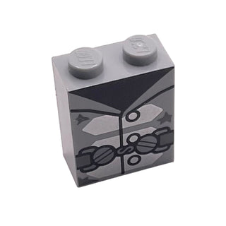 Brick 1 x 2 x 2 with Inside Stud Holder with Jacket with Buttons and Silver Shapes over Black Shirt, Belt with Dark Silver Clasps Pattern, Part# 3245cpb053 Part LEGO® Light Bluish Gray
