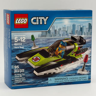 LEGO City Race Boat set 60114 box featuring lime green and black speedboat with minifigure and buoy pieces.