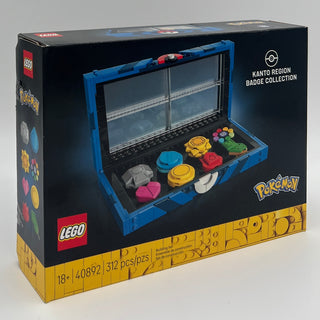 LEGO Pokémon Kanto Region Badge Collection set box with blue display case containing colorful badge pieces and Pikachu minifi