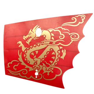 Plastic Sail, Scalloped with 4 Holes with Black Lines and Gold Dragon and Smoke on Red Background Pattern, Part# 77493a Part LEGO® Very Good