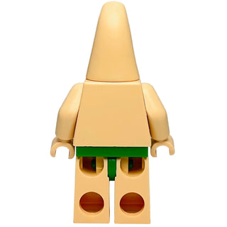 Tan minifigure with pointed cone-shaped head, green waistband, and brown circular details on legs.