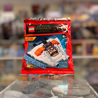 LEGO Star Wars Snowspeeder mini foil pack with white and orange spacecraft displayed on red packaging.