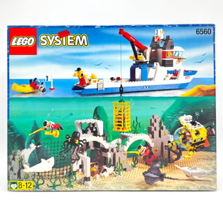 LEGO System set 6560 box showing underwater research station, ship, and diving submersibles with minifigures and sea creature