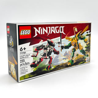 LEGO NINJAGO set 71781 box showing Lloyd's Mech Battle EVO with red and black mech figure and yellow dragon model.