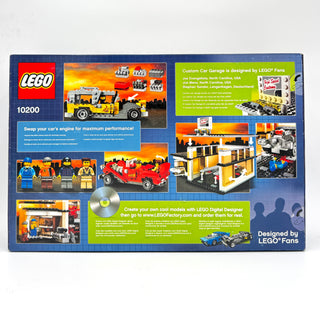 LEGO Factory set 10200 box back showing yellow and red car models, minifigures, garage building scenes, and included DVD.