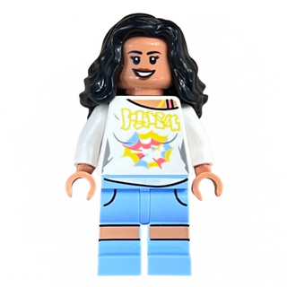 LEGO minifigure with long black wavy hair, white graphic t-shirt, and blue shorts with orange stripes.