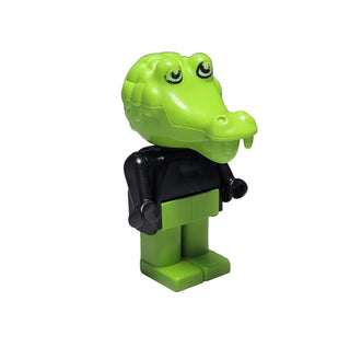 Green LEGO crocodile minifigure with black jacket, painted eyes, and jointed limbs.