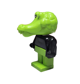 Green LEGO crocodile minifigure with black jacket and backpack.