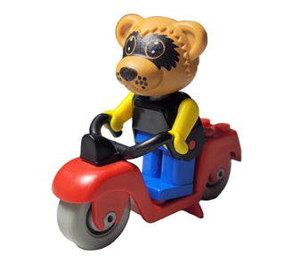 Tan and black raccoon figure with yellow arms and blue torso sitting on red and blue scooter with gray wheels.