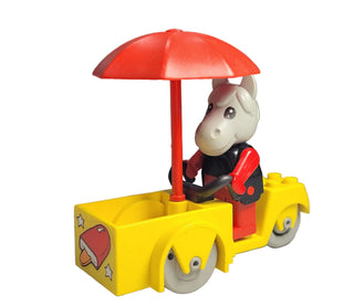 White horse character on yellow ice cream scooter with red umbrella and ice cream cart design.