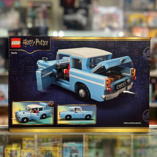 LEGO Harry Potter set 76470 featuring a blue and white Ford Anglia car with opening doors and detailed interior elements.