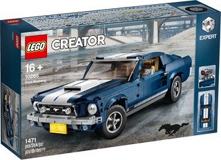 LEGO Creator Expert set 10265 Ford Mustang box featuring blue and white classic car design, 1471 pieces, age 16+.