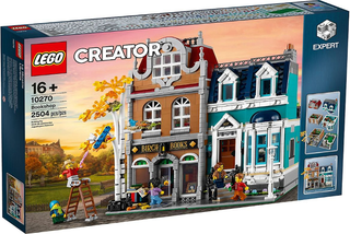 LEGO Creator Expert set 10270 Bookshop box featuring detailed modular building with 2504 pieces.
