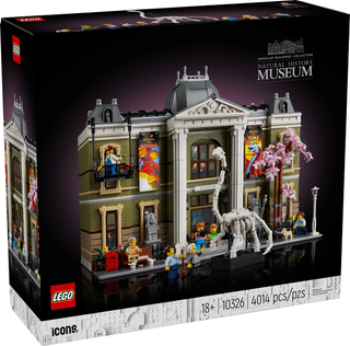 Empty LEGO Natural History Museum set box (10326) with product imagery and specifications visible.