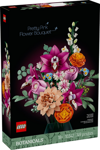 Empty LEGO Botanicals Pretty Pink Flower Bouquet box featuring pink, peach, and orange flowers with green foliage.