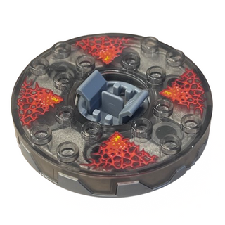 Ninjago Spinner Turntable 6 x 6 x 1 1/3 Round Base Serrated with Trans-Brown Top with Red Energy Pattern, Part# 98318c15pb01
