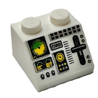 Slope 45 2 x 2 with Aircraft Green and Yellow Horizon Indicator, Controls, Black Buttons, Silver Slider and Switches Pattern, Part# 3039pb045 Part LEGO® White